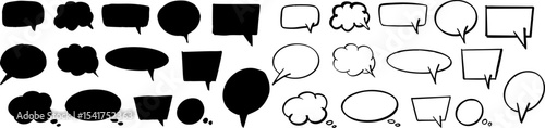 Set of black-filled and outlined speech and thought bubbles in various comic styles. Perfect for monochrome designs, comics, stickers, and social media templates. Vector EPS 10