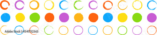 Set of colorful hand-drawn circle shapes and brush strokes in various styles. Includes solid, outline, and enso-inspired circular designs. Ideal for highlights or accents. Vector EPS 10