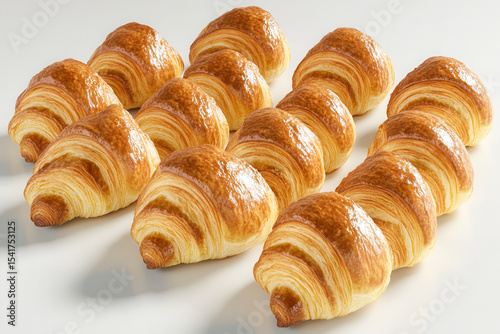 Freshly baked croissants arranged in a neat pattern on a light background showcasing their flaky texture and golden color