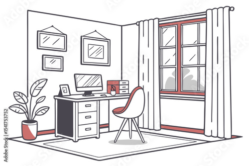 Minimalist Home Office Design with Desk, Chair, Computer, Window, Curtains, Plant, Rug, and Wall Decor Framed Artwork