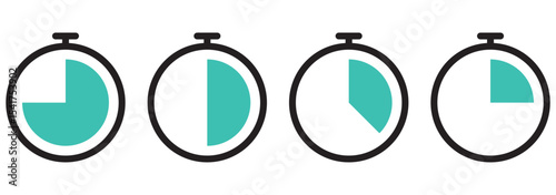 Set of timer clock faces and stopwatch icons. The countdown timer displays hours and minutes. Stopwatch shows intervals ranging from 15 to 45 minutes. Timer icon with minutes. Stopwatch, timer  icon. 