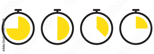 Set of timer clock faces and stopwatch icons. The countdown timer displays hours and minutes. Stopwatch shows intervals ranging from 15 to 45 minutes. Timer icon with minutes. Stopwatch, timer  icon. 