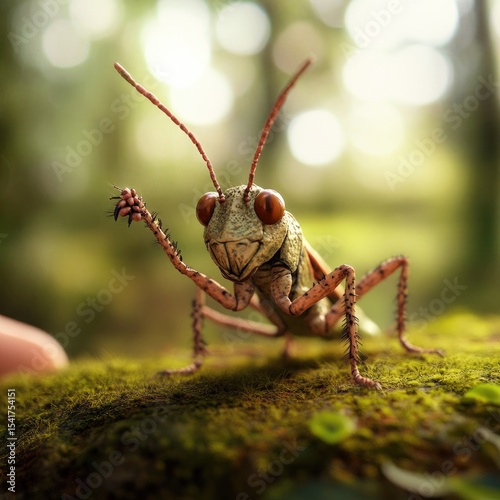 Close-up of a friendly grasshopper on moss.  A digital rendering of a grasshopper, facing forward, with a playful, almost anthropomorphic expression, raising one foreleg