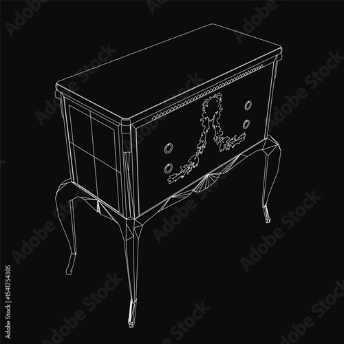 Antique chest of drawers in black and white, a detailed 3D model with clean lines and vintage charm.