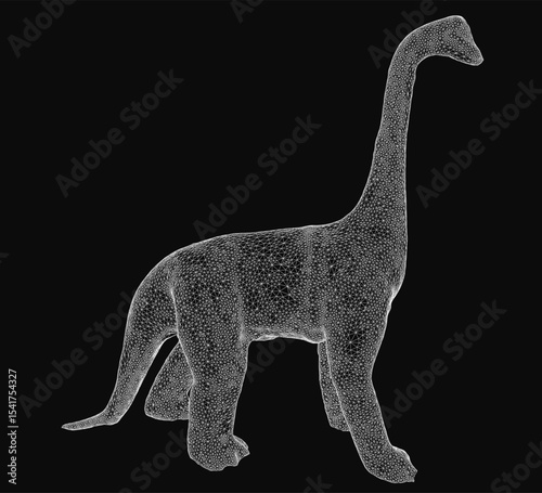 Brachiosaurus 3D wireframe model with detailed skeletal structure, showcasing its massive size and long neck. The black background highlights the realistic contours and anatomy of this prehistoric.