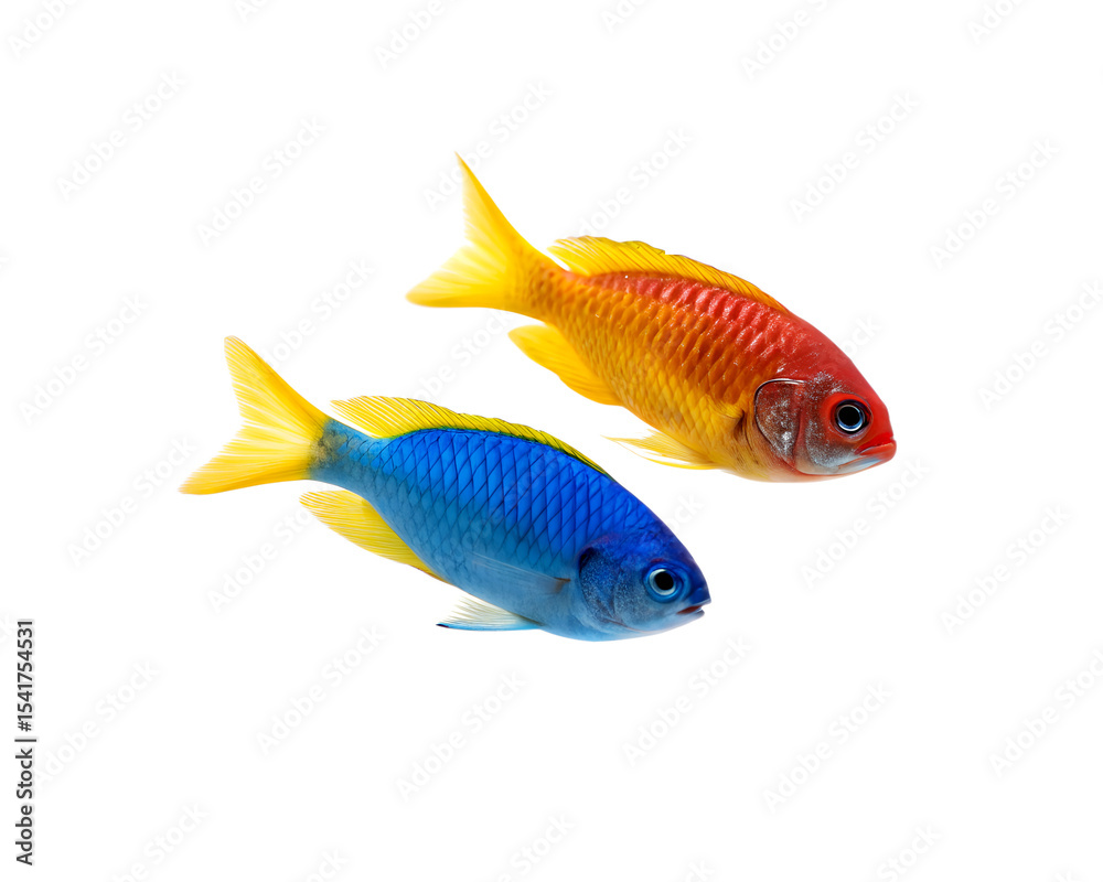 Fototapeta premium Two colorful fish swimming together. One fish is bright blue with yellow fins, and the other is vibrant orange with yellow fins. Transparent background.
