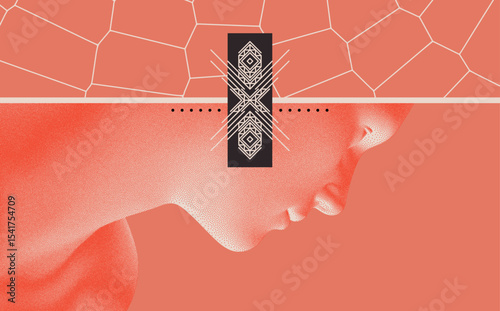 Man's face looking down. Digital human head. Abstract scientific background with cells or cell membranes. Line art design. Vectorfor presentation, banner, booklet, brochure, placard, flyer or cover.