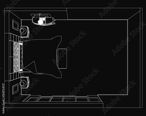 A black and white outlined bedroom features a neatly made bed with plush pillows, surrounded by simple furnishings. The dark background enhances the mysterious yet cozy atmosphere of the minimalist.