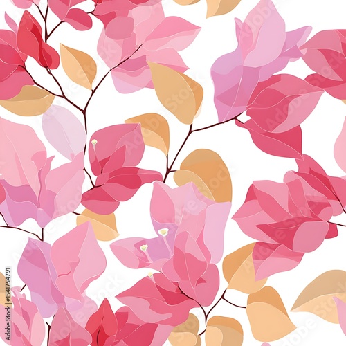 Bougainvillea Pattern Pink Gold, Flower Seamless Pattern
