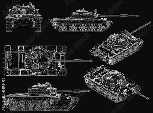 Battle tanks in 3D models stand on a black background, each with unique designs and detailed features. Visible elements include turrets, tracks, and armored plating, showcasing military power.