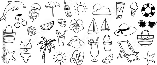 Set of summer vacation outline icons including beach elements, cocktails, sun, and holiday accessories. Hand-drawn style on transparent background. Vector EPS 10