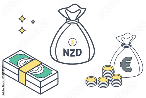 Currencies in Bags and Stacks A Colorful Illustration of New Zealand Dollars, Euros, and Additional Hard Cash
