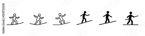 Balance and Movement Outline Icon Set – Man Walking or Sliding Downhill, of person walking a tightrope symbolizing balance, precision, challenge, risk management, focus, stability, danger, decision