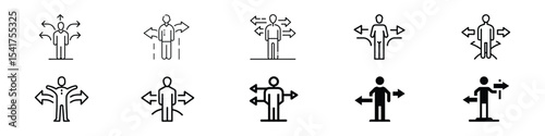 Decision Making Outline Icon Set – Human Choices and Direction Arrows, icon showing person standing at crossroads with directional sign arrows, symbolizing decision making