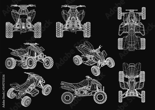 ATVs arranged in a grid on a black background, featuring distinct designs. Each vehicle showcases detailed headlights, grilles, and rugged wheels for off-road.