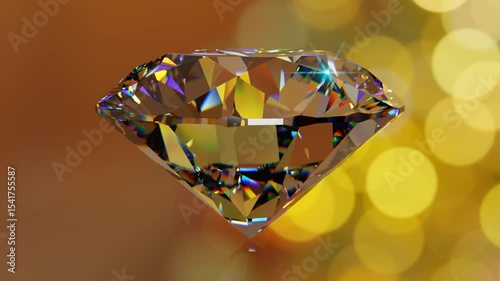 Round brilliant cut diamond rotating on brown background. Seamless loop 3D animation