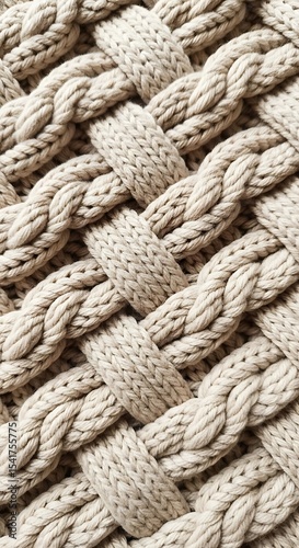 Beige Textured Knit Fabric Interwoven Rope Design, Detailed Close-Up