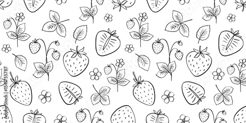 Seamless pattern with strawberry vector doodle illustration, leaves, berry outline sketch, hand drawn icon of summer food and flowers