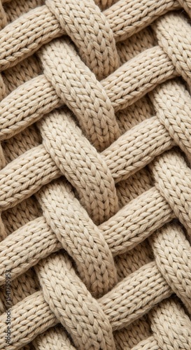Beige Knitted Texture Intricate Woven Pattern Background, Close-Up View of Intertwined Threads