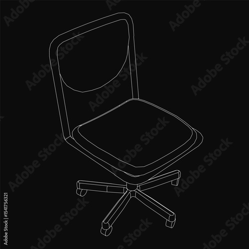 Black and white line drawing of a sleek modern office chair with a curved backrest and armrests, four tapered legs, and neutral fabric upholstery. The minimalist design stands out against a black.