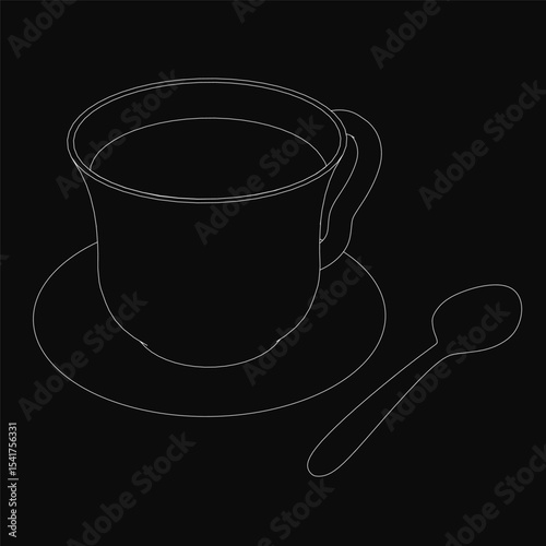 A steaming cup of coffee sits on a black background with a matching saucer and spoon placed beside it. The rich aroma rises from the dark beverage, inviting a warm sip.