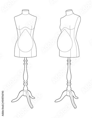 Vector outline of pregnant dress forms for maternity clothing design. Female mannequins for tailoring and sewing maternity wear. Black line art on white background.