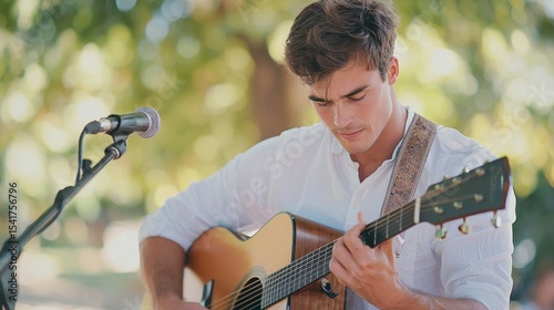 A man performing a solo guitar piece at an outdoor concert photo