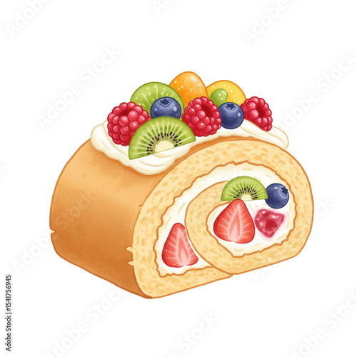 Delicious fruit roll cake with strawberries, kiwi, blueberries, and raspberries