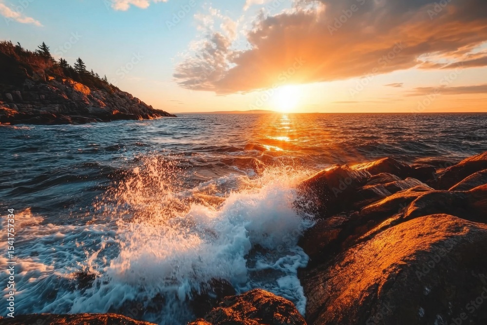 Naklejka premium Sunset waves crash on rocky shore acadia national park scenic view oceanfront gigapixel standard nature's splendor