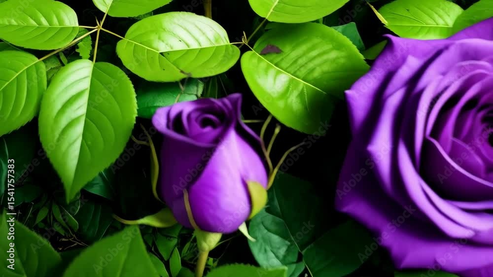 Elegant composition with purple roses and vibrant green leaves displayed in a full frame botanical arrangement, ideal for backgrounds and decorations.