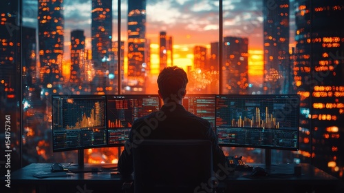 Wallpaper Mural Person analyzes financial data on multiple screens overlooking a vibrant city skyline at twilight representing global business and technology advancements Torontodigital.ca