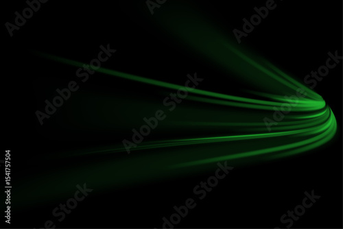  Green glowing shiny lines effect vector background. Luminous white lines of speed. Light glowing effect. Light trail wave, fire path trace line and incandescence curve twirl.