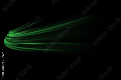  Green glowing shiny lines effect vector background. Luminous white lines of speed. Light glowing effect. Light trail wave, fire path trace line and incandescence curve twirl.