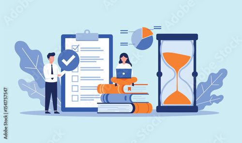 Efficient Workflow Management with Checklists, Data Analysis, and Time Management Tools flat vector illustration