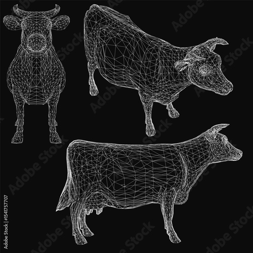 Three low poly cows stand in a triangular formation on a black background, with the largest cow centered and two smaller ones on either side. Detailed features include horns, expressive eyes