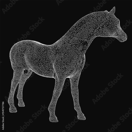A detailed wireframe horse model composed of interconnected lines and geometric shapes, showcasing a 3D structure on a sleek black background. The design highlights the animal's anatomy with.