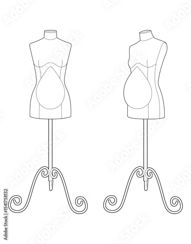 Vector outline of pregnant dress forms for maternity clothing design. Female mannequins for tailoring and sewing maternity wear. Black line art on white background.