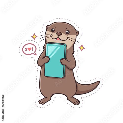 Cartoon otter holding a smartphone with a joyful expression  