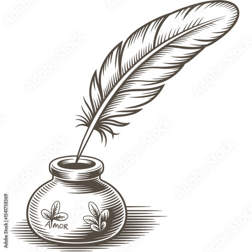 Vintage Feather Quill and Ink Pot – Hand-Drawn Black and White Illustration