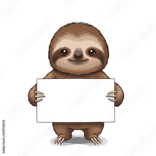 Cute cartoon sloth holding blank sign and smiling cheerfully  