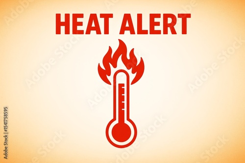 Bold red graphic of a flaming thermometer and large text “Heat Alert” conveys urgency and high temperature warnings for public safety use. Ideal for editorial, signage or weather-related concepts