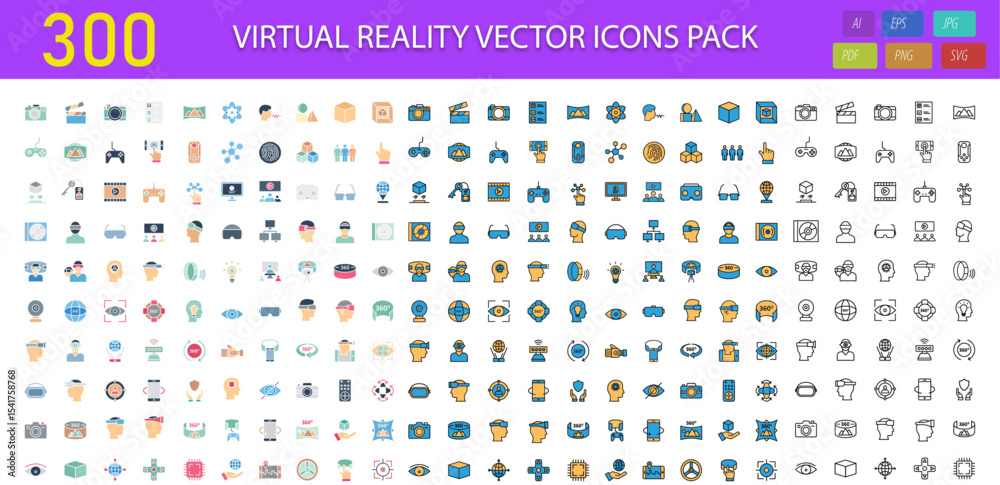 Fototapeta premium 300 Virtual Reality Vector Icons | VR, AR & Metaverse UI Icon Pack