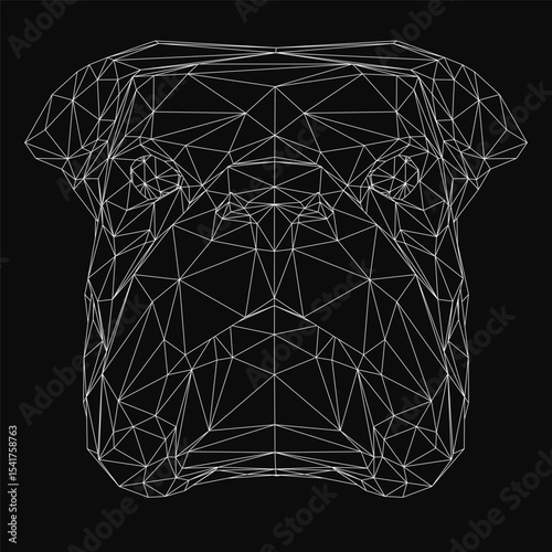 Polygonal dog head illustration in black and white, composed of intricate geometric shapes and clean lines. The abstract design features sharp angles and a stylized face, set against a solid black.