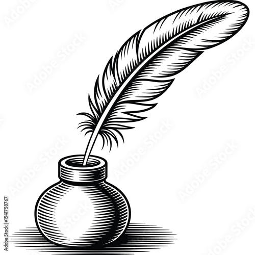 Vintage Feather Quill and Ink Pot – Hand-Drawn Black and White Illustration
