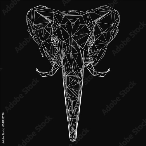Low poly elephant head composed of white geometric lines and shapes, forming a striking abstract pattern. The design features clean edges and a minimalist aesthetic, set against a sleek black.