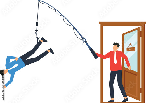 Businessman Being Fired,reeled in and fired from his job, layoffs, unemployment, job loss, corporate restructuring, downsizing, career transitions, and the challenges of the modern workplace,