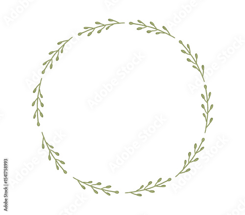 Watercolor green cute round frame, floral wreath isolated on white background, hand drawn decor