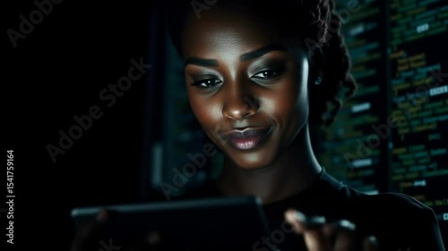 Black woman using tablet with technology background. Innovative future, tech startup, business, website, app development, modern graphic design. 4k video