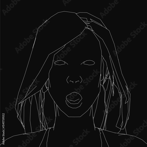 A surprised young woman with long hair and an open mouth, depicted in white line art on a black background. The minimalist contour drawing highlights her facial expression and flowing hair.
