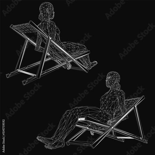 A 3D wireframe model of a girl sitting comfortably in a deck chair, rendered with realistic details against a sleek black background. The digital illustration features clean lines and a modern.